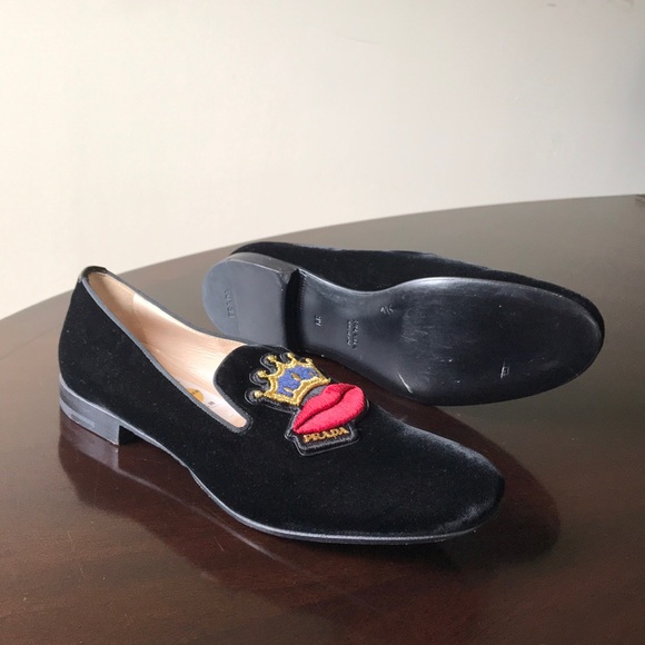 Black velvet king lips & flower Prada Penny Loafer - Picture 6 of 8